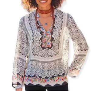 Sundance Women's Silk Vita Tunic Top Boho Long Sleeve Black/Ivory